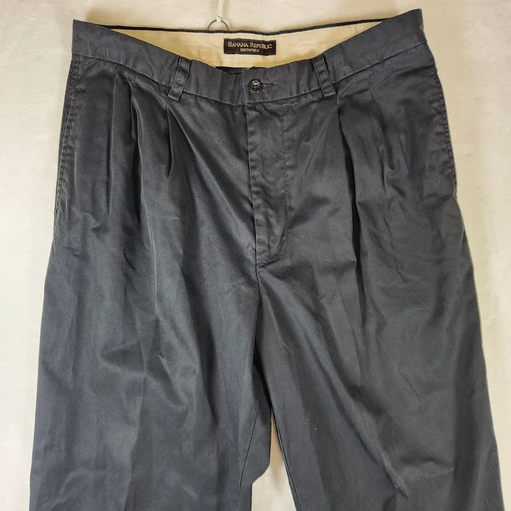 Banana Republic Mens 35R Smithfield Black Pleated Cotton Dress Pants‎